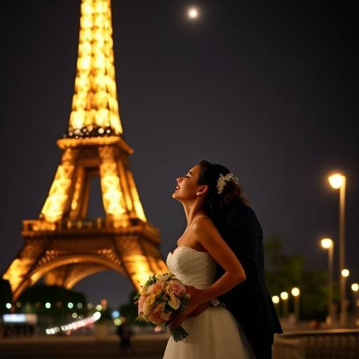 Couple marié s'embrassant devant la Tour Eiffel illuminée la nuit.