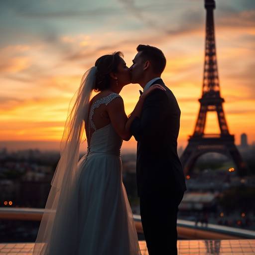 Couple marié s'embrassant devant la Tour Eiffel lors d'un coucher de soleil romantique.