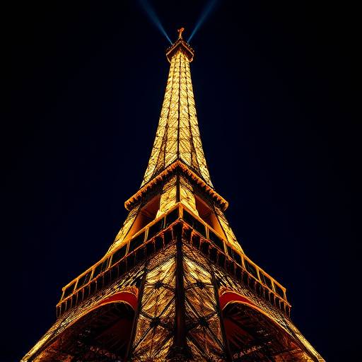 La Tour Eiffel illuminée la nuit vue d'en bas.