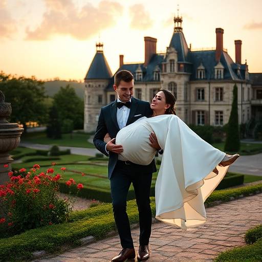Le marié portant la mariée dans ses bras devant un château franäais pittoresque.
