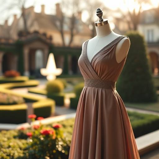 Mannequin portant une robe élégante dans un jardin parisien.
