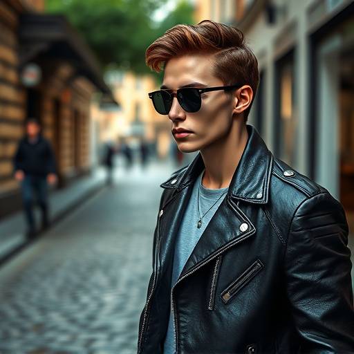 Mannequin posant dans une rue pavée avec une veste en cuir et des lunettes de soleil.