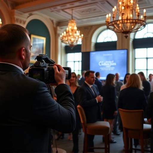 Photographe prenant des photos lors d'un événement d'entreprise dans un lieu élégant à Paris.