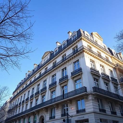 Photographie d'architecture d'un immeuble haussmannien à Paris avec un ciel bleu et un éclairage naturel.