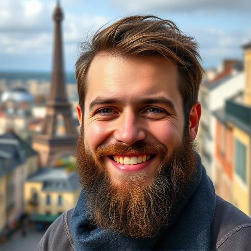 Portrait coloré d'un homme avec une barbe, souriant dans un décor urbain parisien.