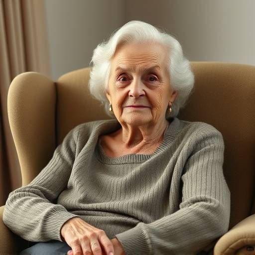 Portrait d'une femme âgée assise dans un fauteuil, exprimant la sagesse et la sérénité.