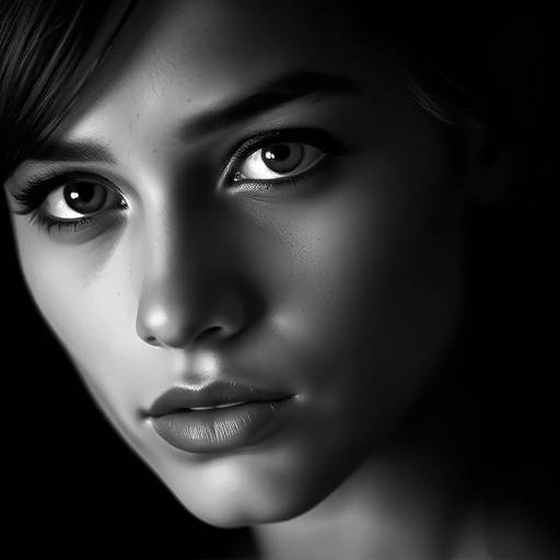 Portrait en noir et blanc d'une jeune femme avec un regard intense.