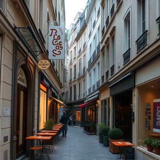 Rue parisienne étroite avec des cafés et des boutiques charmantes.