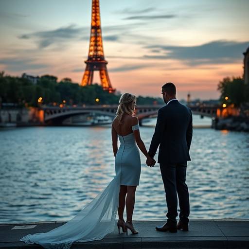 Un couple marié se tenant la main devant la Seine avec la Tour Eiffel illuminée en arrière-plan.