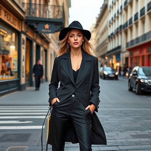 Un mannequin posant dans une rue parisienne chic avec une tenue de créateur et un éclairage professionnel.