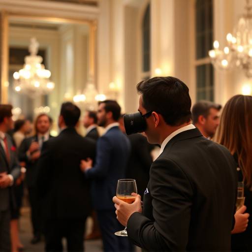 Un photographe professionnel prenant des photos lors d'un cocktail d'entreprise dans un lieu prestigieux à Paris.