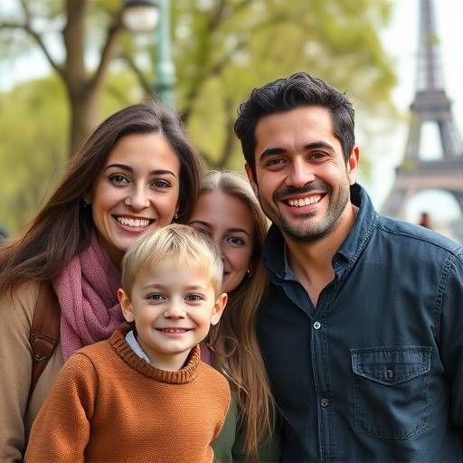 Une famille souriante posant pour une photo dans un parc parisien avec un éclairage naturel doux.