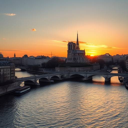 Vue panoramique de la Seine avec Notre-Dame en arrière-plan au coucher du soleil.